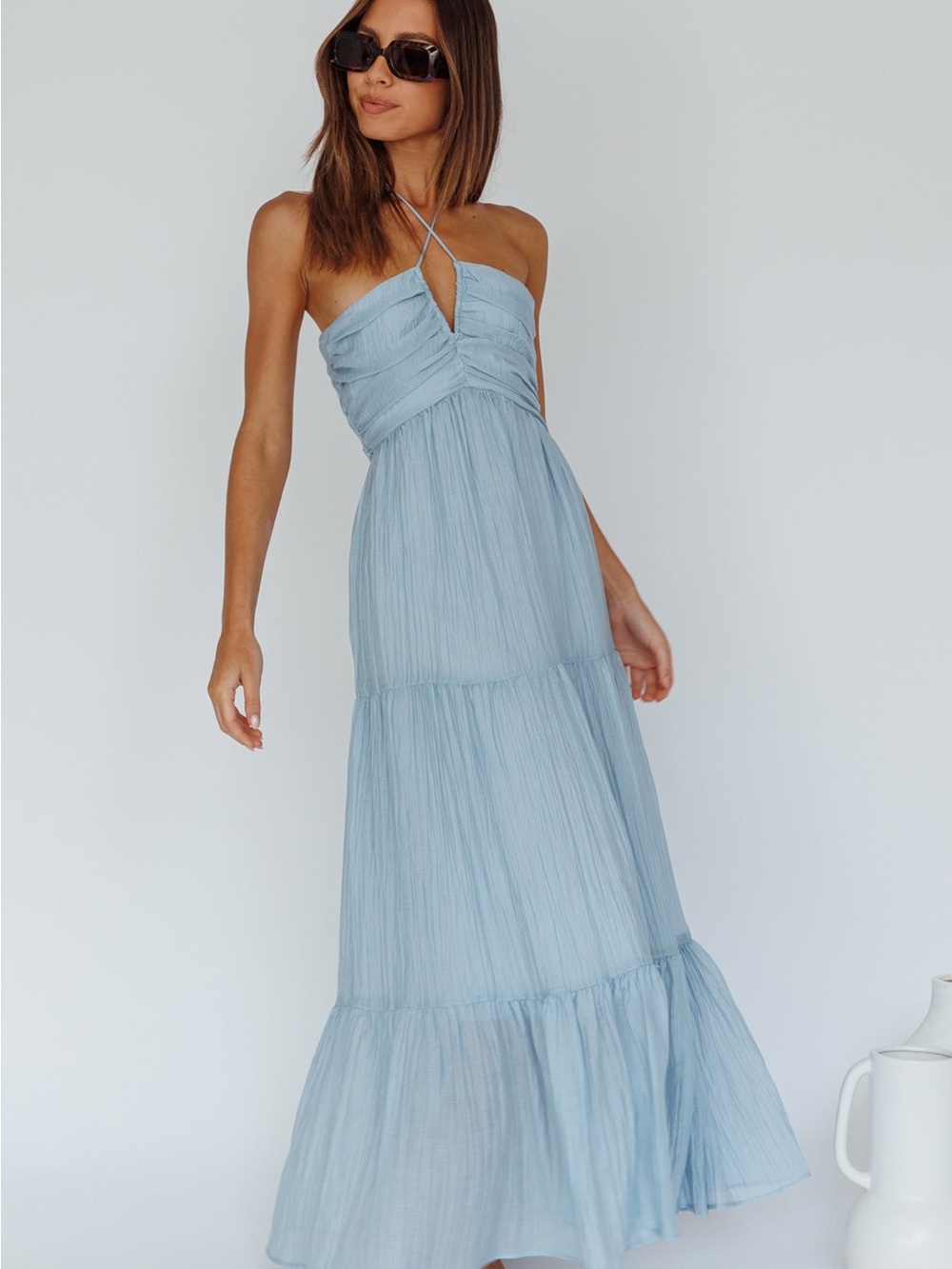 Selfie Leslie Light Blue Halter Tiered Maxi Dress Beach Flowy Spring Summer